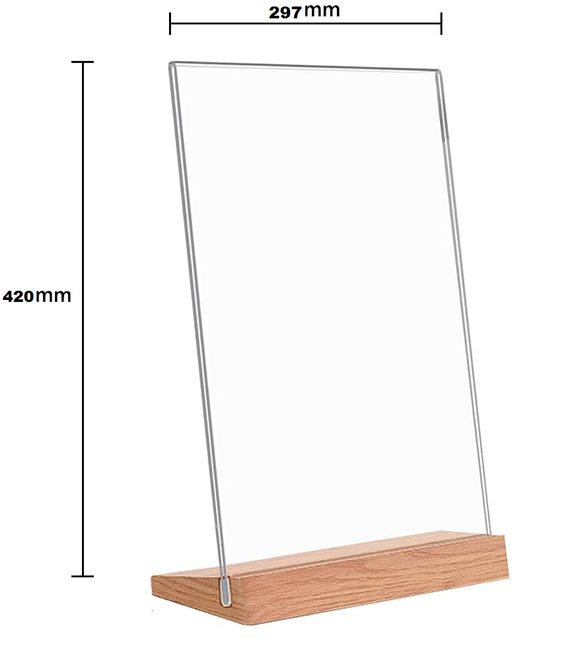 L Shape Wooden Base Stand A3 Acrylic Ad Frame Vertical