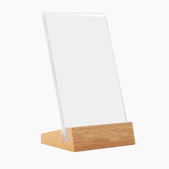 L Shape Wooden Base Stand A6 Acrylic Ad Frame Vertical