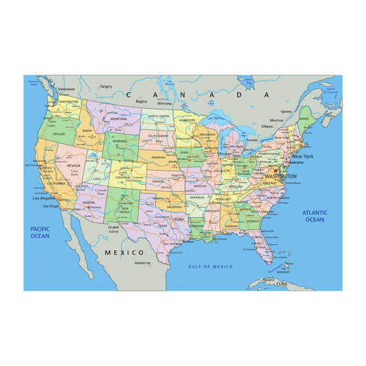 USA Wall Map 47x33 inches towns, cities