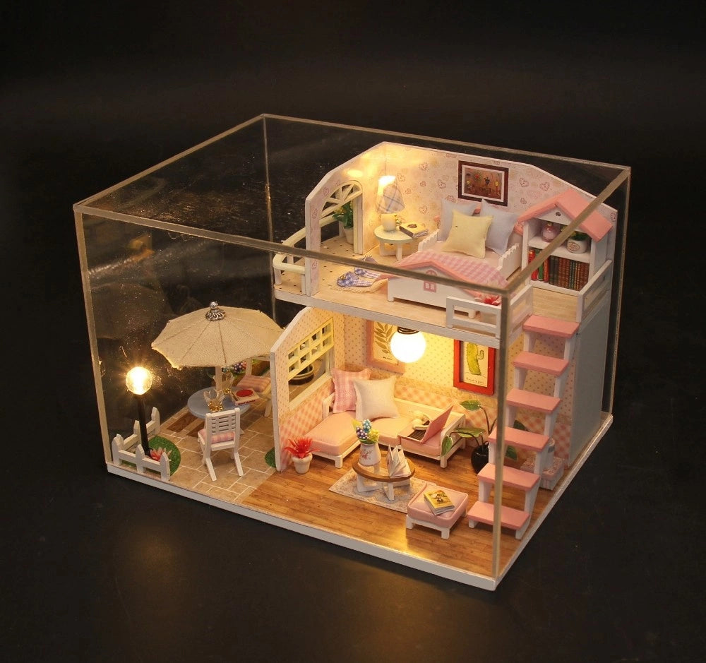 Birthday Gift 3D Wooden Doll House Miniature Toy - Pink Loft - Nejoom Stationery