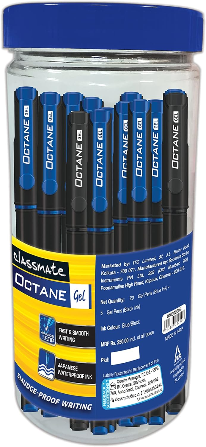 Classmate Octane Gel 25s Jar- 20 Blue Gel Pens + 5 Black Gel Pens