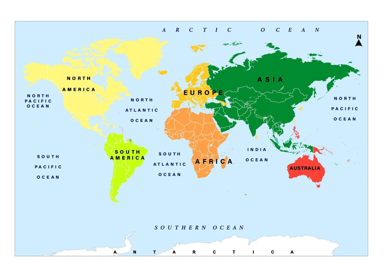 Continent World Wall Map 47x33 inches