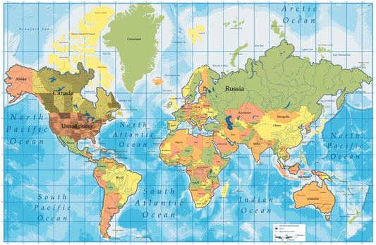 Mega-Map of the World 77.5 x 46 inches Physical Map