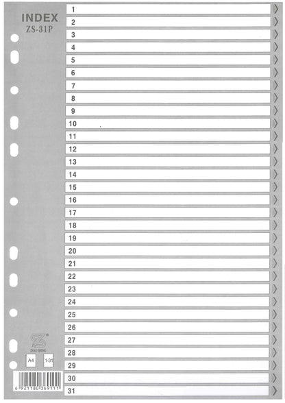 ZS Index Divider 1-31  (A4 Grey) - Nejoom Stationery