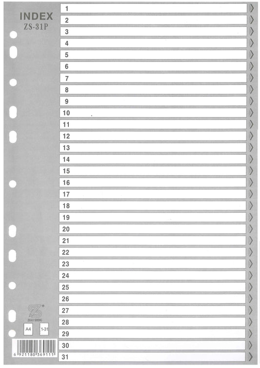 ZS Index Divider 1-31  (A4 Grey) - Nejoom Stationery