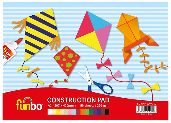 Funbo Construction Pad 220gsm, A3,50 sheets, 15 assorted colours - Nejoom Stationery