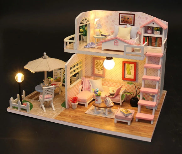 Birthday Gift 3D Wooden Doll House Miniature Toy - Pink Loft - Nejoom Stationery